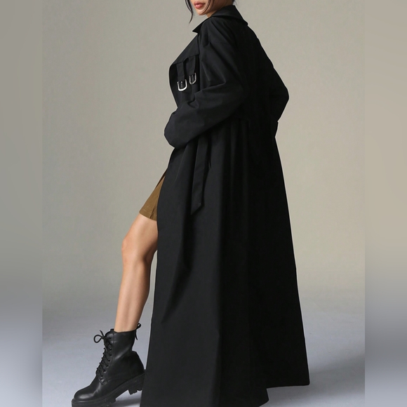 Extra Long Full Length Solid Color Double-Breasted Long Sleeve Windbreaker - Picture 3 of 5